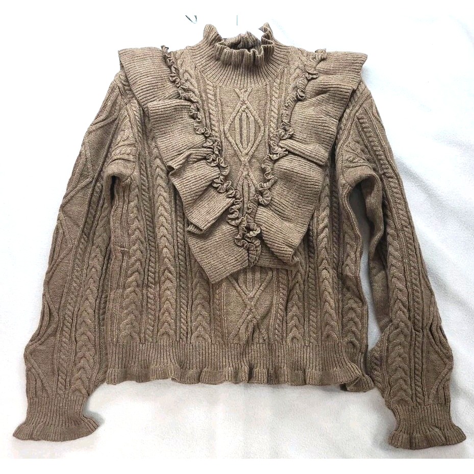 Storia Ruffled Chunky Cable Knit Sweater L Prairie Cottagecore Ski Resort Chalet